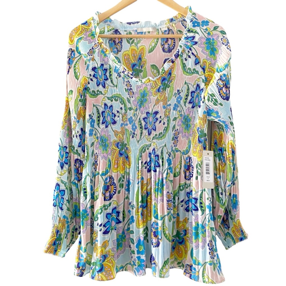 Sunny Leigh Blouse Hailee Crinkle Top NEW Long Sleeve Blue Pink Size Medium NWT